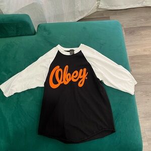 Vintage Black and Orange Obey Baseball Tee